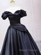 Pretty Ball Gown Off The Shoulder Black Satin Prom Dresses Evening Dress With Pleated