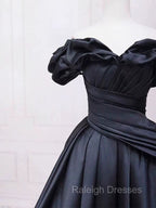 Pretty Ball Gown Off The Shoulder Black Satin Prom Dresses Evening Dress With Pleated