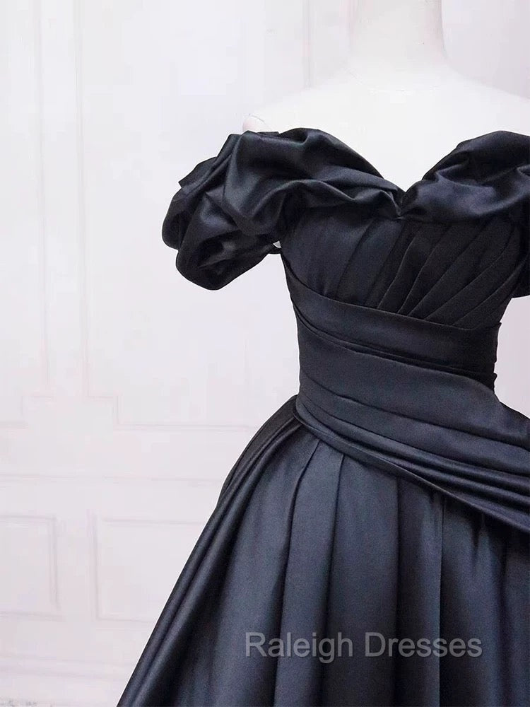 Pretty Ball Gown Off The Shoulder Black Satin Prom Dresses Evening Dress With Pleated
