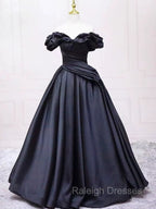 Pretty Ball Gown Off The Shoulder Black Satin Prom Dresses Evening Dress With Pleated