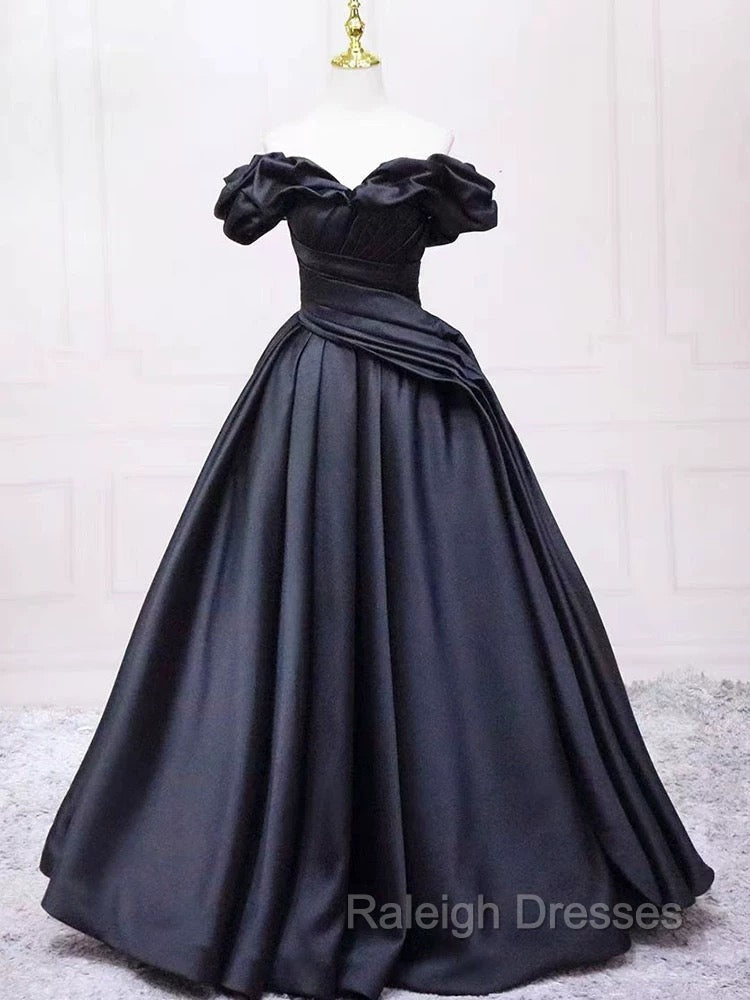 Pretty Ball Gown Off The Shoulder Black Satin Prom Dresses Evening Dress With Pleated