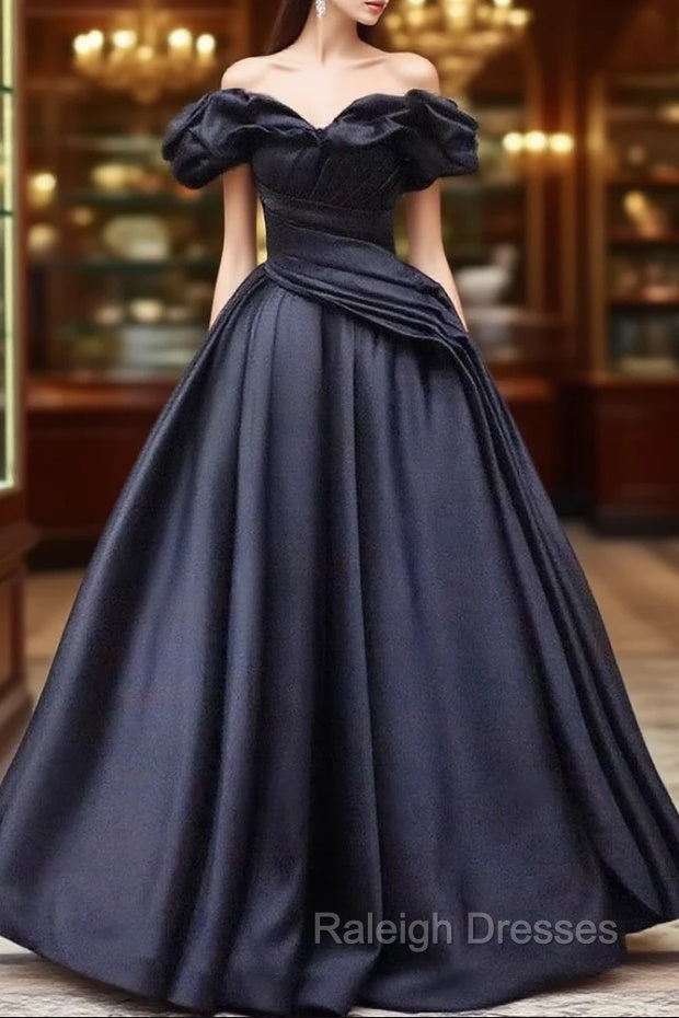 Pretty Ball Gown Off The Shoulder Black Satin Prom Dresses Evening Dress With Pleated Main image