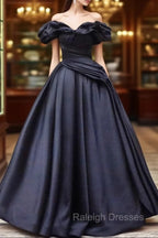 Pretty Ball Gown Off The Shoulder Black Satin Prom Dresses Evening Dress With Pleated