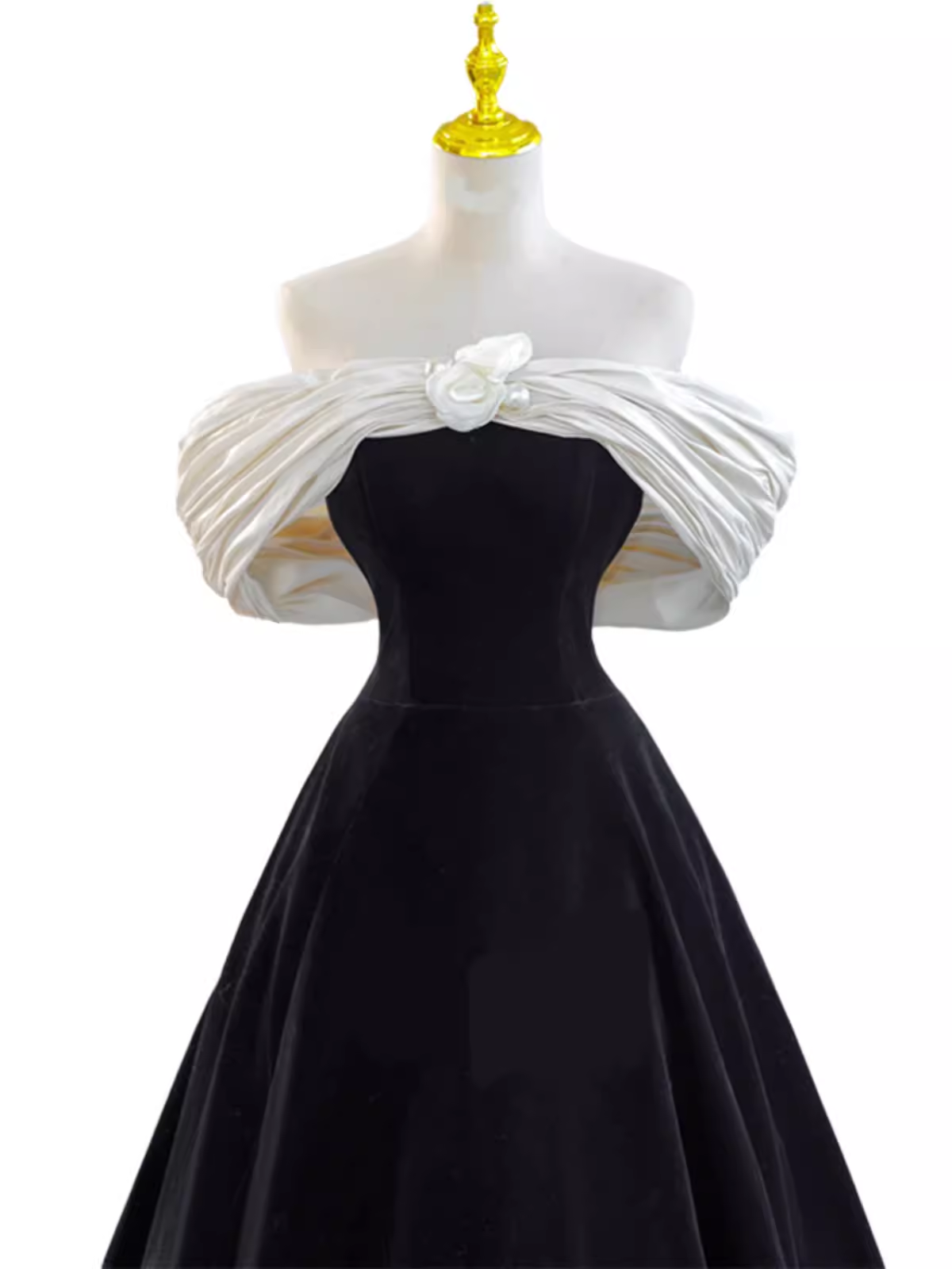 Pretty Ball Gown Off The Shoulder Black Velvet Prom Dress Formal Prom Dress With Flower PD0043