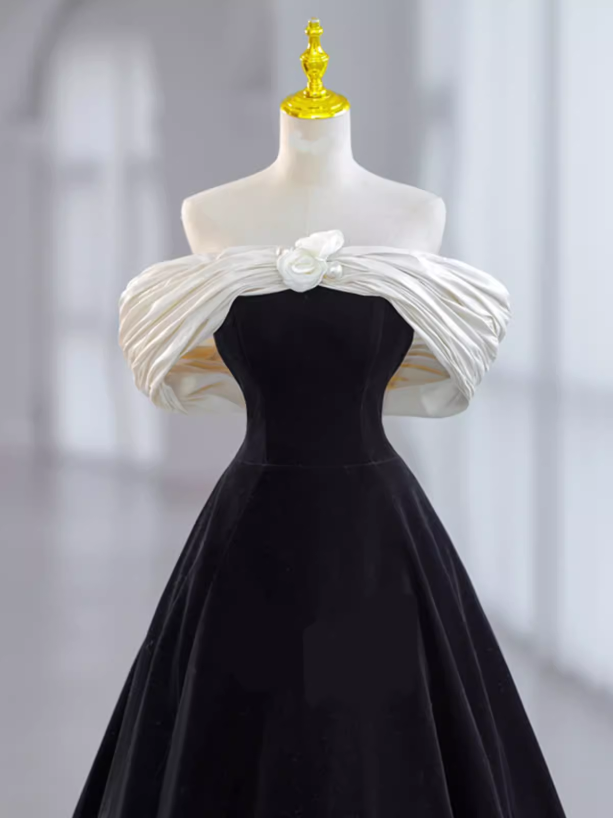 Pretty Ball Gown Off The Shoulder Black Velvet Prom Dress Formal Prom Dress With Flower PD0043