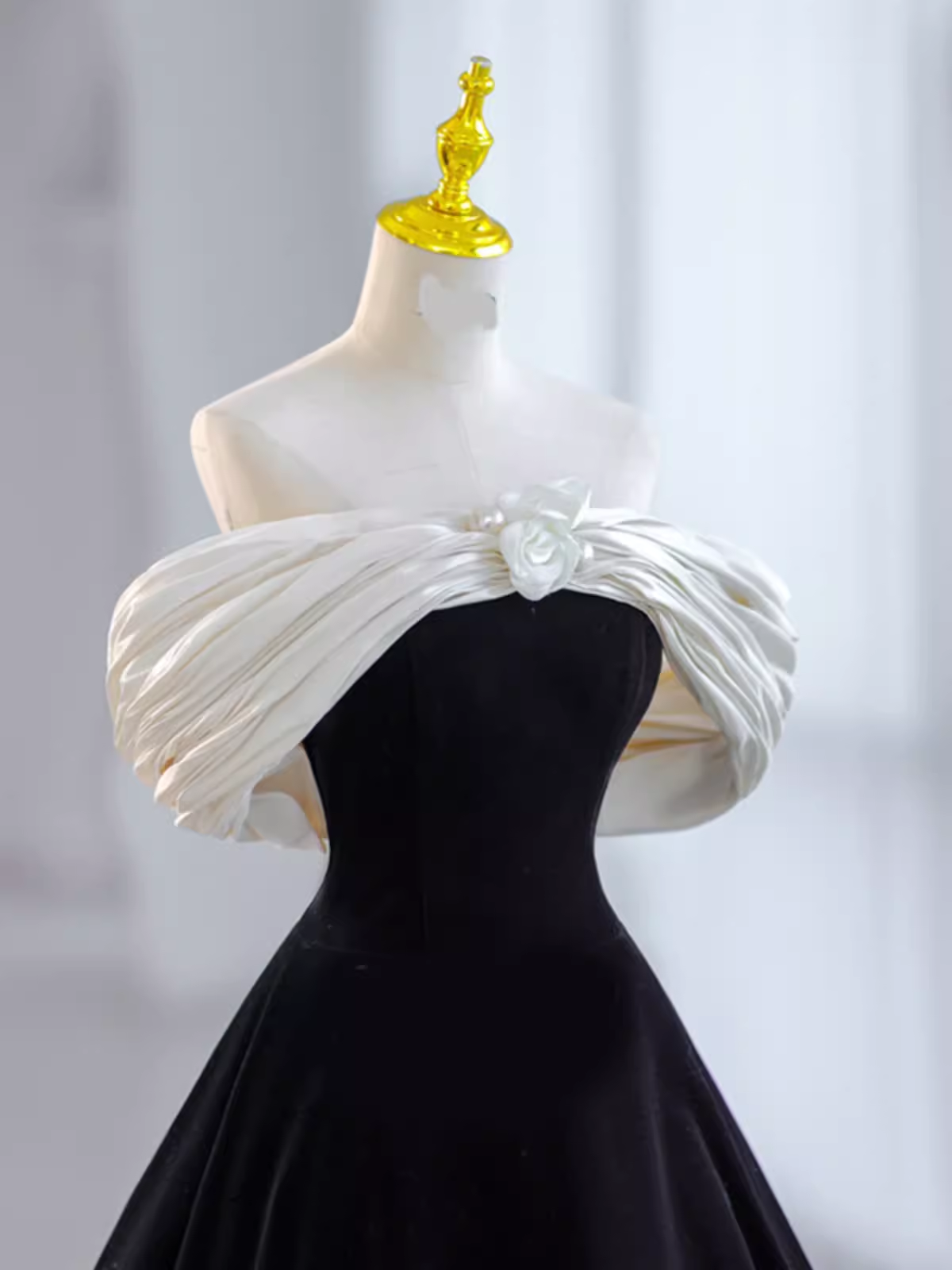 Pretty Ball Gown Off The Shoulder Black Velvet Prom Dress Formal Prom Dress With Flower PD0043