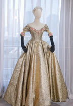 Pretty Ball Gown Off The Shoulder Gold Satin Long Ruffles Prom Dresses Sweet 16 Dresses