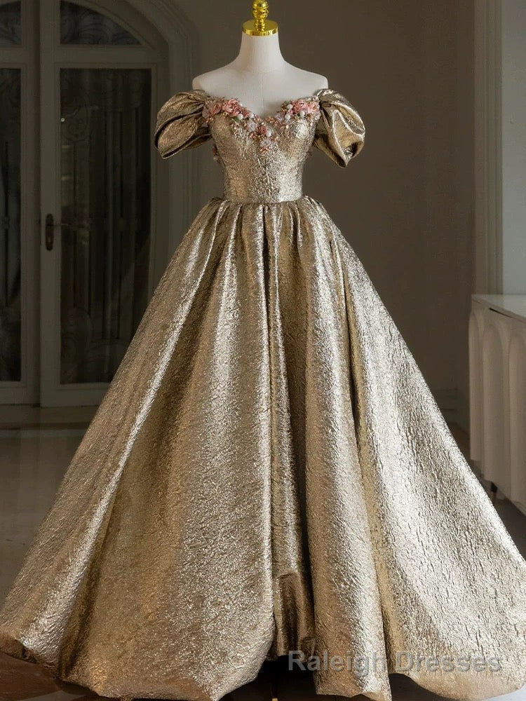 Pretty Ball Gown Off The Shoulder Gold Satin Long Ruffles Prom Dresses Sweet 16 Dresses Main image