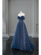 Pretty Ball Gowns Off The Shoulder Navy Blue Tulle Prom Dress Long Prom Dresses