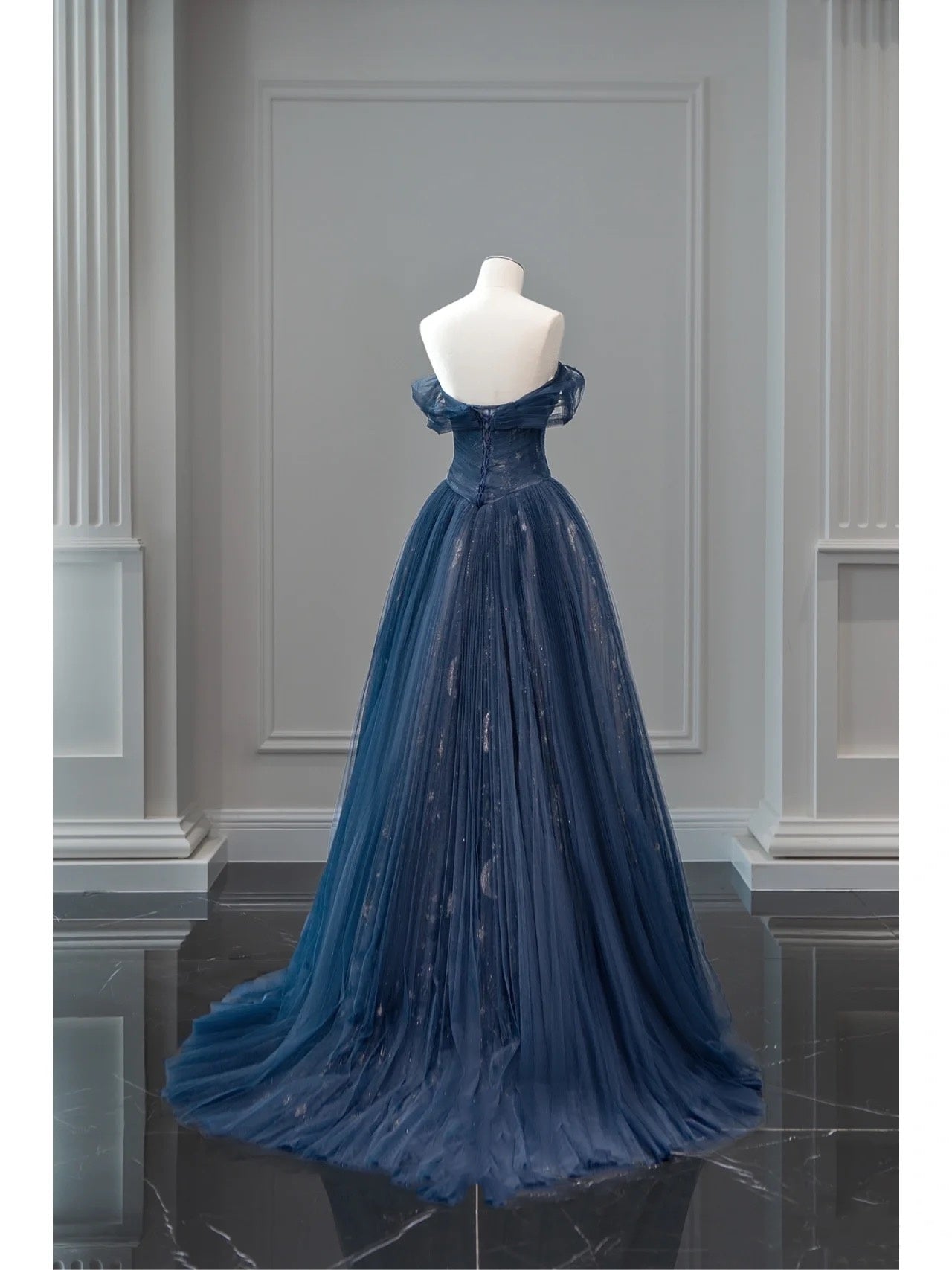 Pretty Ball Gowns Off The Shoulder Navy Blue Tulle Prom Dress Long Prom Dresses