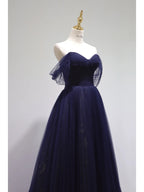Pretty Ball Gowns Off The Shoulder Navy Blue Tulle Prom Dress Long Prom Dresses
