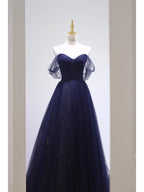 Pretty Ball Gowns Off The Shoulder Navy Blue Tulle Prom Dress Long Prom Dresses