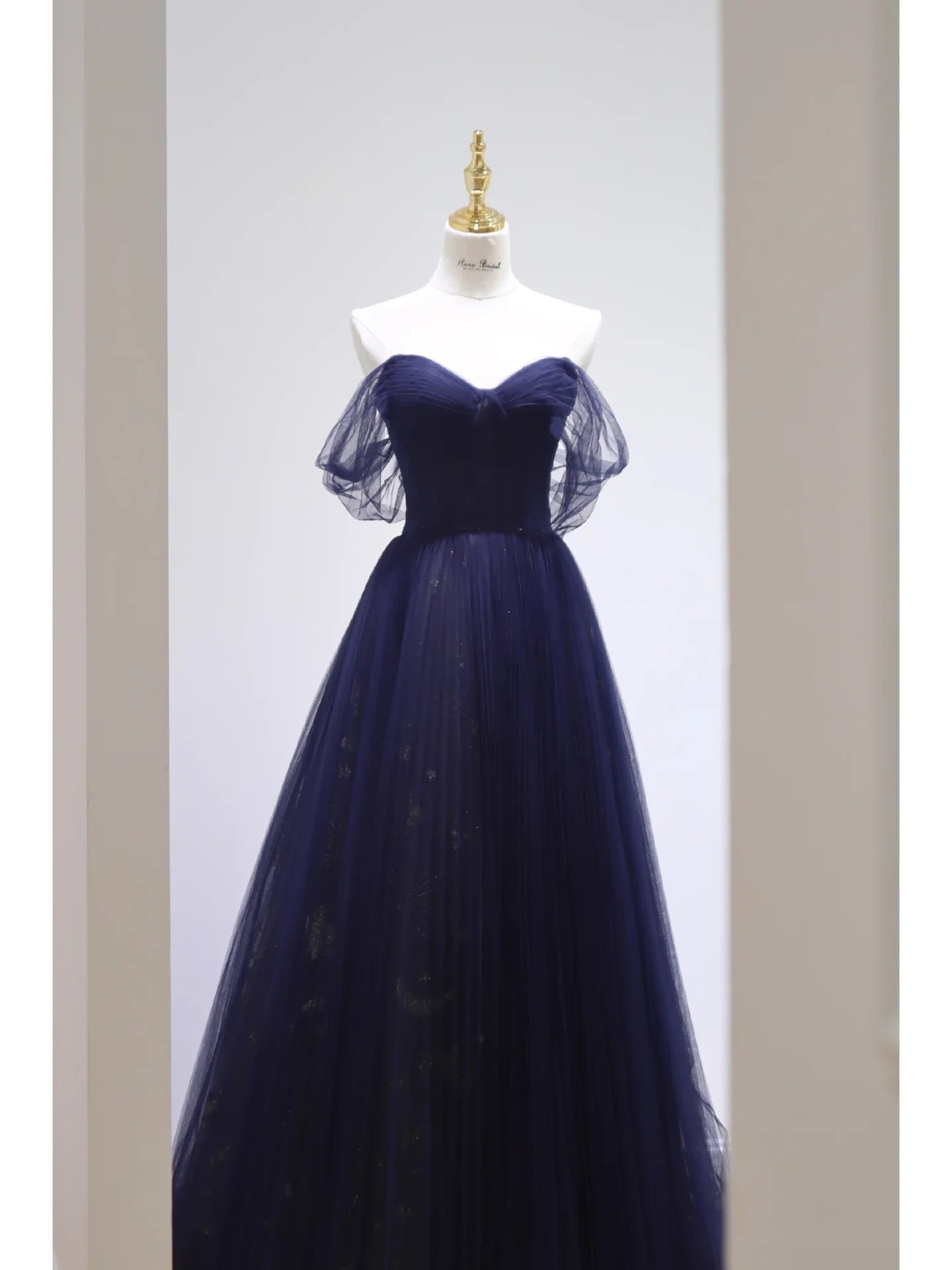 Pretty Ball Gowns Off The Shoulder Navy Blue Tulle Prom Dress Long Prom Dresses