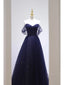 Pretty Ball Gowns Off The Shoulder Navy Blue Tulle Prom Dress Long Prom Dresses