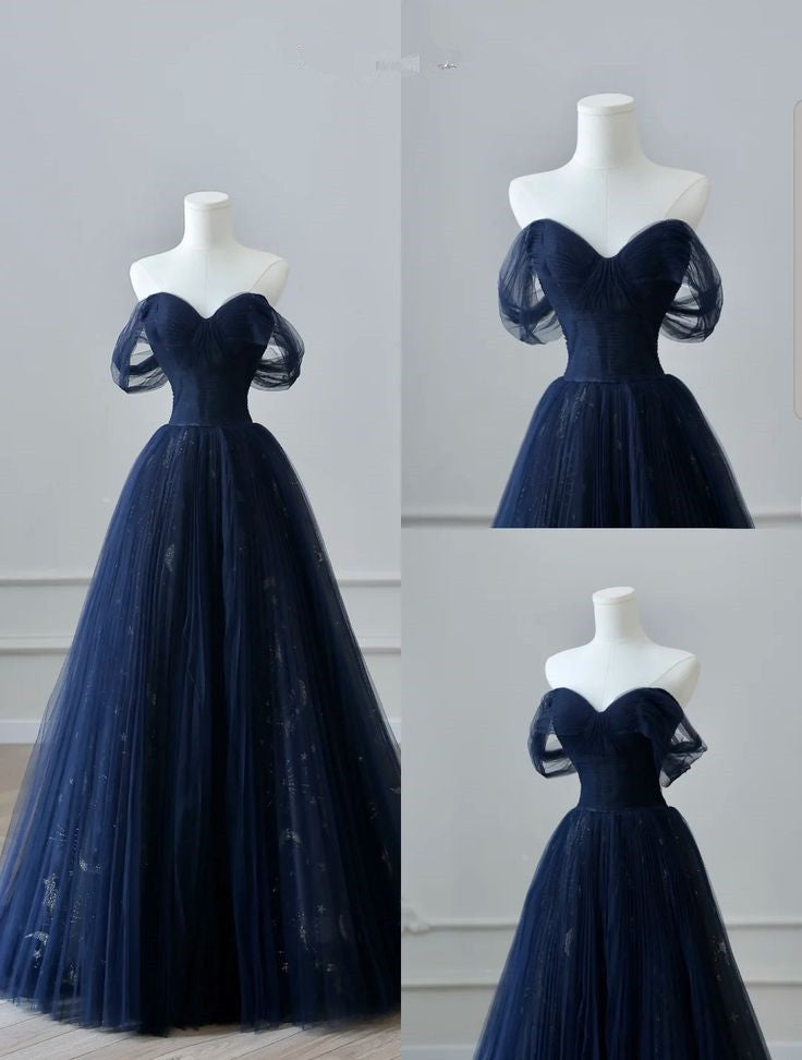 Pretty Ball Gowns Off The Shoulder Navy Blue Tulle Prom Dress Long Prom Dresses
