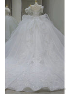 Pretty Ball Gown Off The Shoulder Short Sleeves Sequin White Wedding Dresses Brides Dress