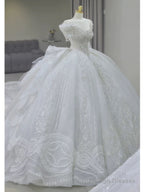 Pretty Ball Gown Off The Shoulder Short Sleeves Sequin White Wedding Dresses Brides Dress