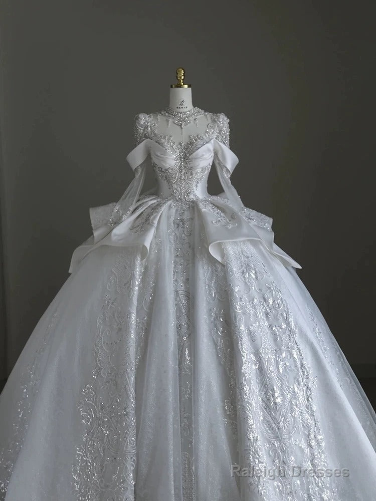 Pretty Ball Gowns Scoop Neckline Long Sleeves Sequin White Wedding Dress Brides Dresses Secondary image