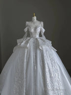 Pretty Ball Gowns Scoop Neckline Long Sleeves Sequin White Wedding Dress Brides Dresses