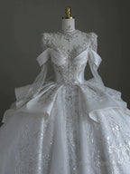 Pretty Ball Gowns Scoop Neckline Long Sleeves Sequin White Wedding Dress Brides Dresses