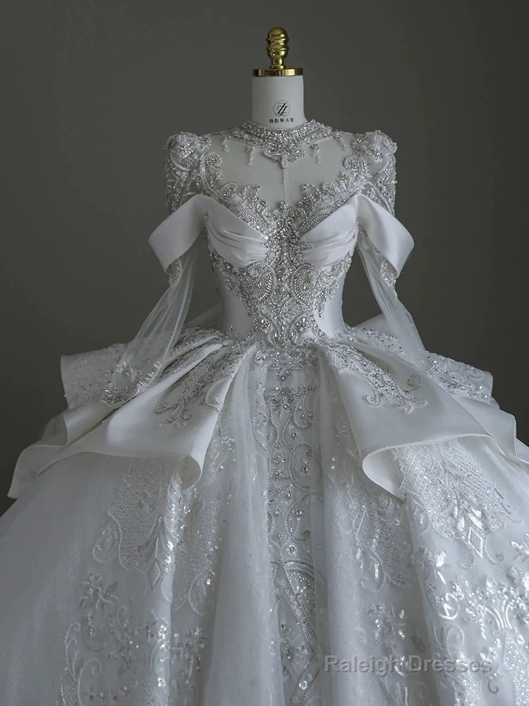 Pretty Ball Gowns Scoop Neckline Long Sleeves Sequin White Wedding Dress Brides Dresses