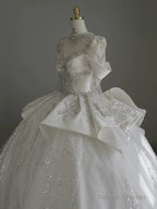 Pretty Ball Gowns Scoop Neckline Long Sleeves Sequin White Wedding Dress Brides Dresses