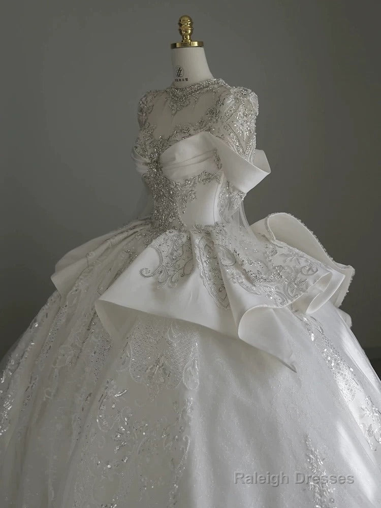 Pretty Ball Gowns Scoop Neckline Long Sleeves Sequin White Wedding Dress Brides Dresses