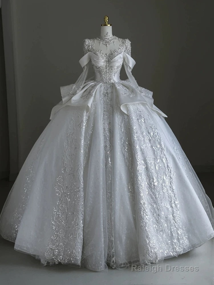 Pretty Ball Gowns Scoop Neckline Long Sleeves Sequin White Wedding Dress Brides Dresses Main image