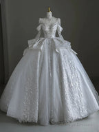 Pretty Ball Gowns Scoop Neckline Long Sleeves Sequin White Wedding Dress Brides Dresses