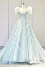 Pretty Ball Gown Square Neckline Short Sleeves Long Prom Dresses