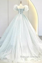 Pretty Ball Gown Square Neckline Short Sleeves Long Evening Party Dress Prom Dresses