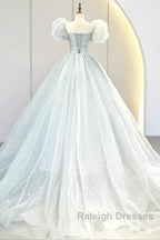 Pretty Ball Gown Square Neckline Short Sleeves Long Prom Dresses