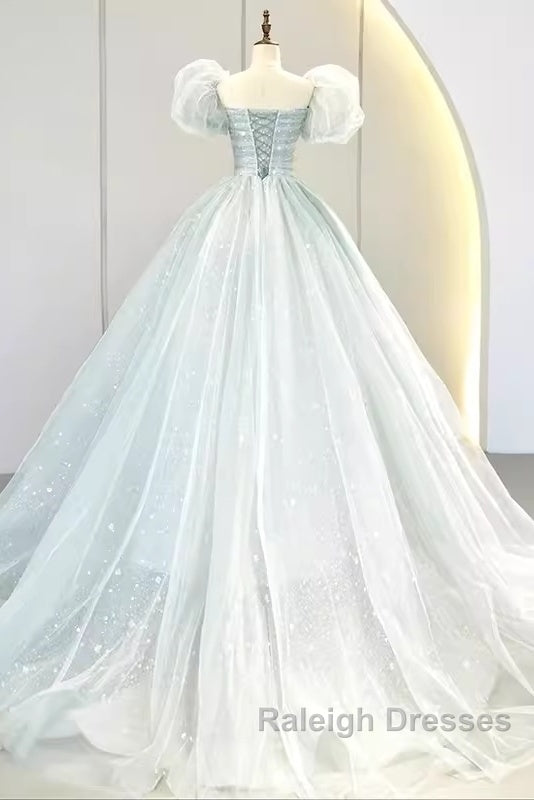 Pretty Ball Gown Square Neckline Short Sleeves Long Prom Dresses