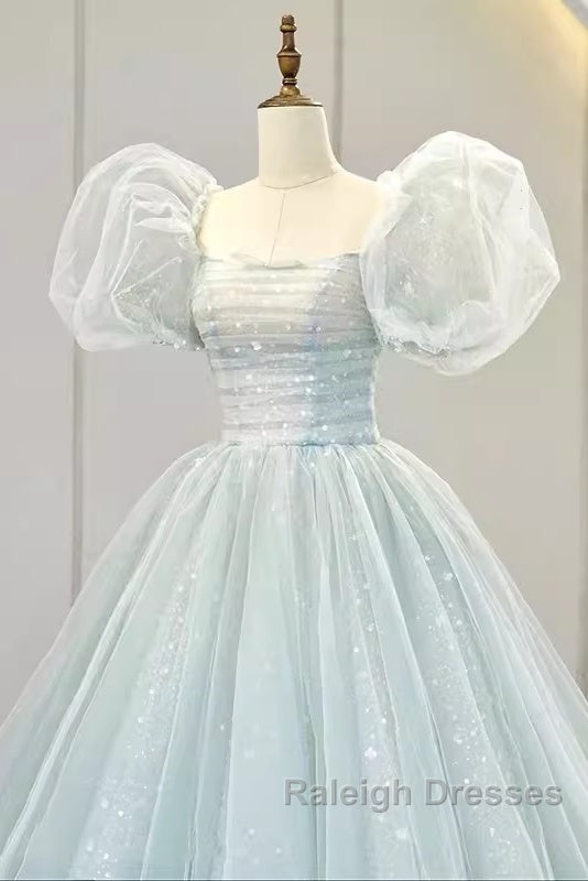 Pretty Ball Gown Square Neckline Short Sleeves Long Prom Dresses