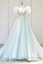 Pretty Ball Gown Square Neckline Short Sleeves Long Evening Party Dress Prom Dresses