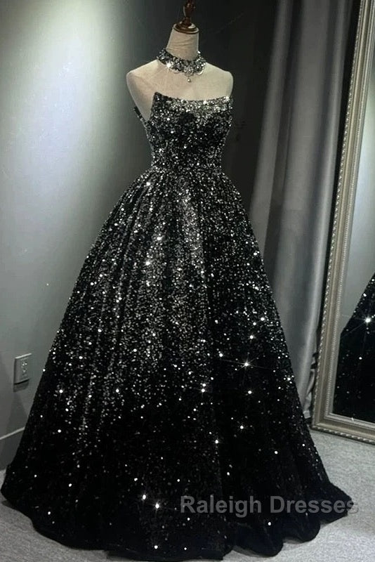 Pretty Ball Gown Strapless Black Sequin Prom Dresses Evening Dress Secondary image