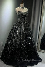 Pretty Ball Gown Strapless Black Sequin Prom Dresses Evening Dress