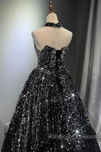 Pretty Ball Gown Strapless Black Sequin Prom Dresses Evening Dress