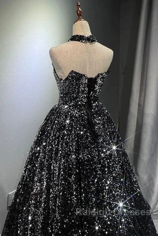 Pretty Ball Gown Strapless Black Sequin Prom Dresses Evening Dress