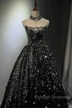 Pretty Ball Gown Strapless Black Sequin Prom Dresses Evening Dress