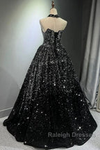 Pretty Ball Gown Strapless Black Sequin Prom Dresses Evening Dress