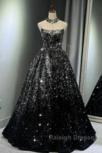 Pretty Ball Gown Strapless Black Sequin Prom Dresses Evening Dress