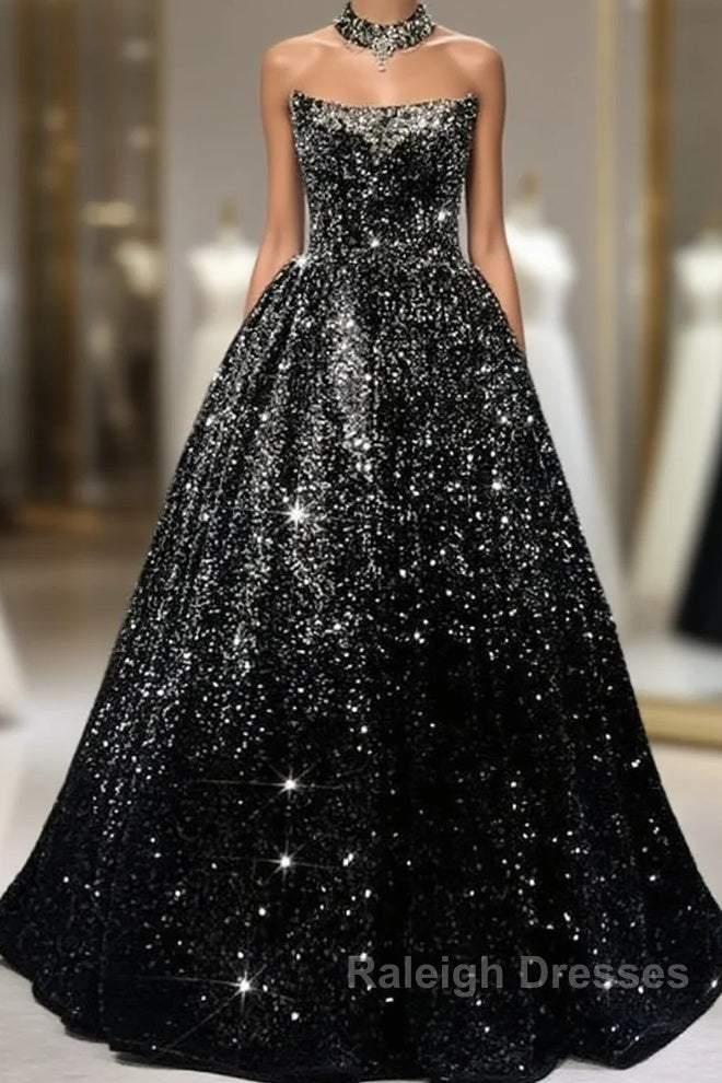 Pretty Ball Gown Strapless Black Sequin Prom Dresses Evening Dress Main image