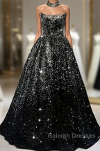 Pretty Ball Gown Strapless Black Sequin Prom Dresses Evening Dress