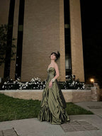 Pretty Ball Gowns Strapless Green Satin Prom Dress Long With Silver Beads