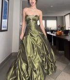 Pretty Ball Gowns Strapless Green Satin Prom Dress Long With Silver Beads