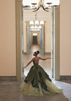 Pretty Ball Gowns Strapless Olive Green Long Satin Prom Dress Prom Dresses