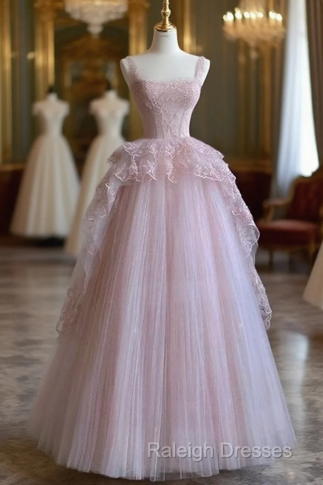 Pretty Ball Gown Strapless Pink Long Lace Prom Dresses Formal Evening Dress Main image