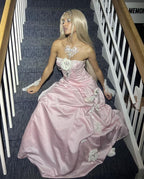 Pretty Ball Gowns Strapless Pink Long Satin Prom Dress Prom Dresses