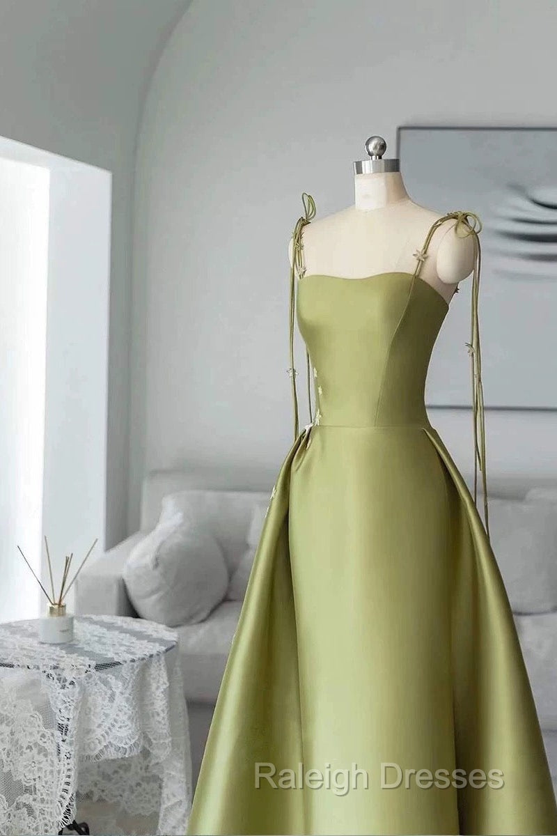 Pretty Ball Gown Straps Sage Green Satin Long Length Evening Dress Prom Dresses Secondary image